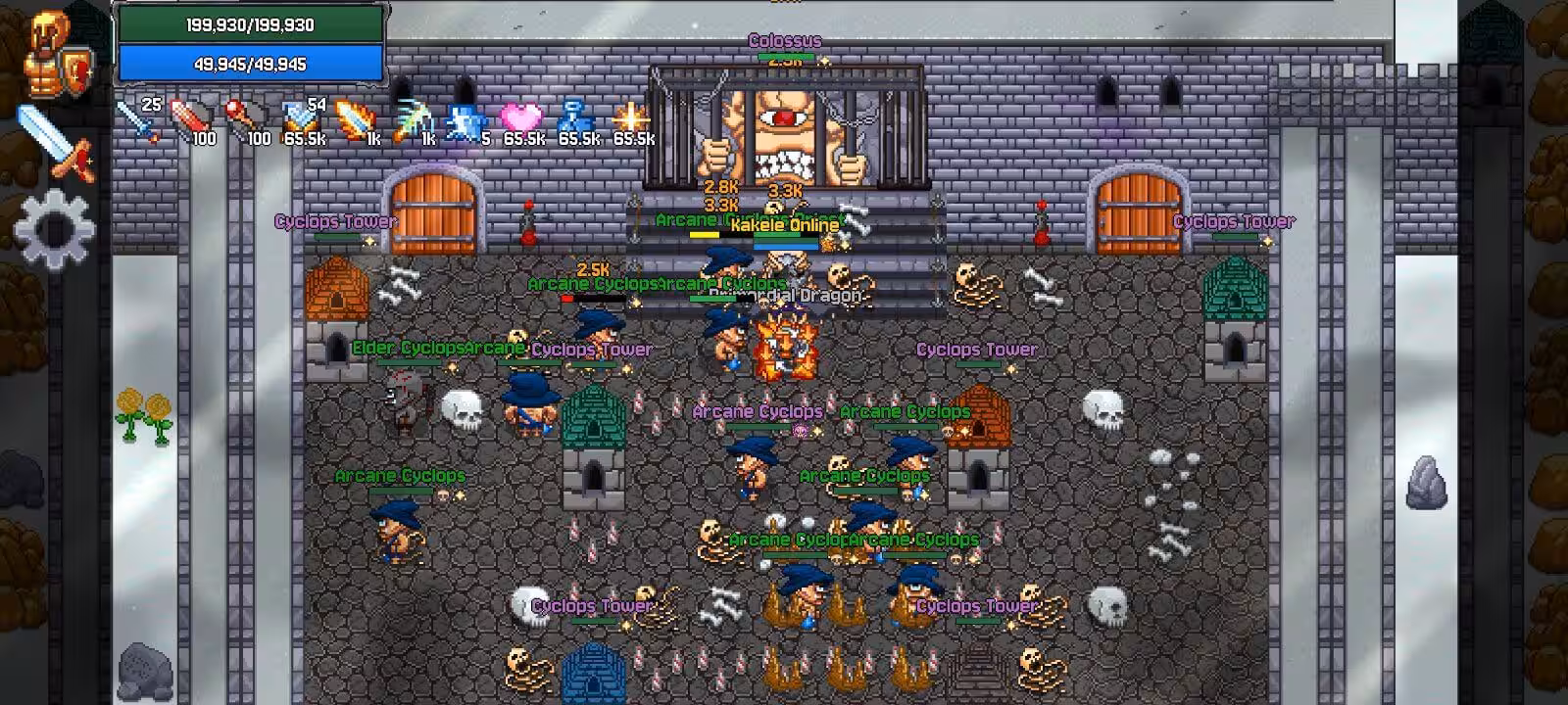 The Colossus boss caged above a courtyard of arcane cyclopes in Kakele Online, damage numbers rising over the fight