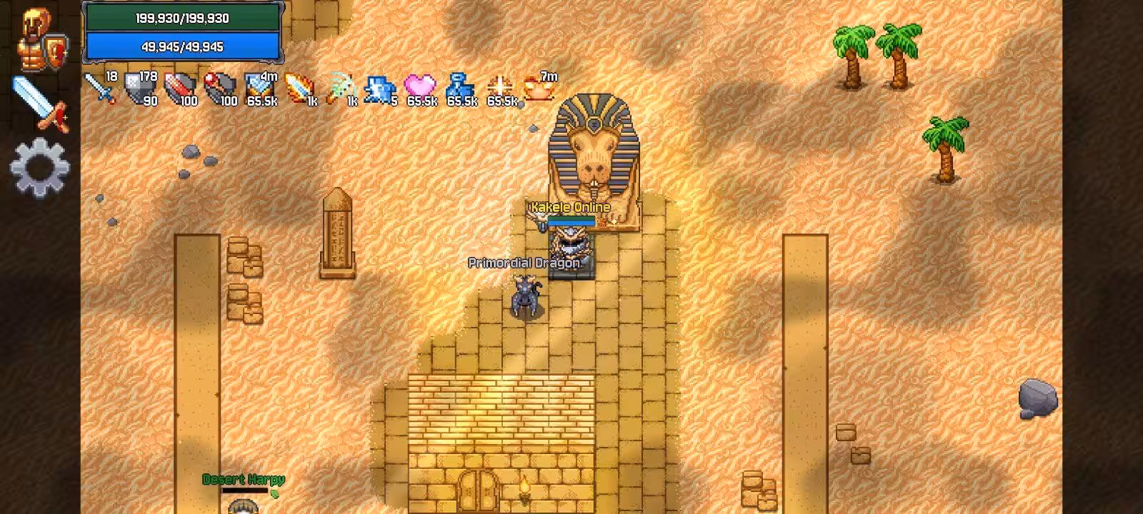 A player on a dragon mount before a desert sphinx and a half buried tomb in Kakele Online, palm trees on the dunes behind