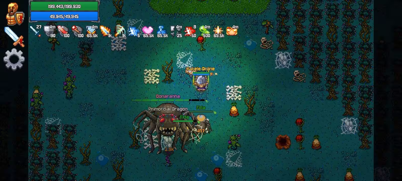 A player and a dragon mount fighting Donaranha, a giant spider boss, in a cobwebbed swamp in Kakele Online