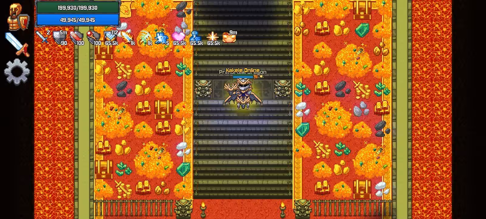 A dragon mount on the steps of a dwarven vault in Kakele Online, flanked by mounds of gold coins, gems and treasure chests