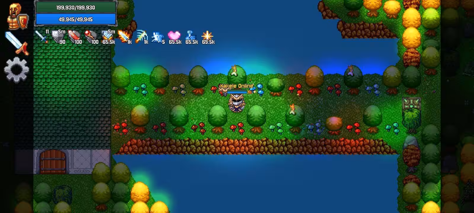 A player crossing a narrow strip of mushroom covered grass between two stretches of deep water